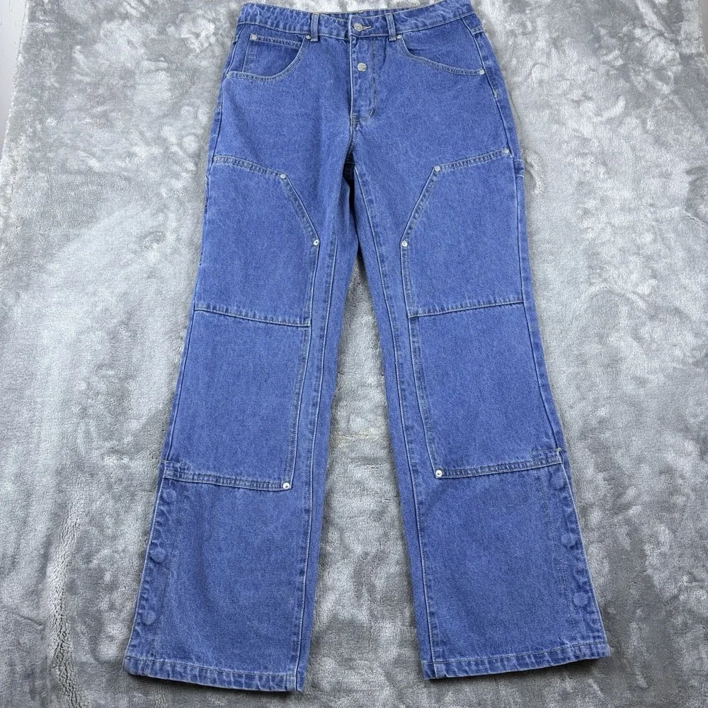 Mens Denim Cargo Jeans Blue‎ Medium Wide Leg Snaps Streetwear Utility Y2K Skater
